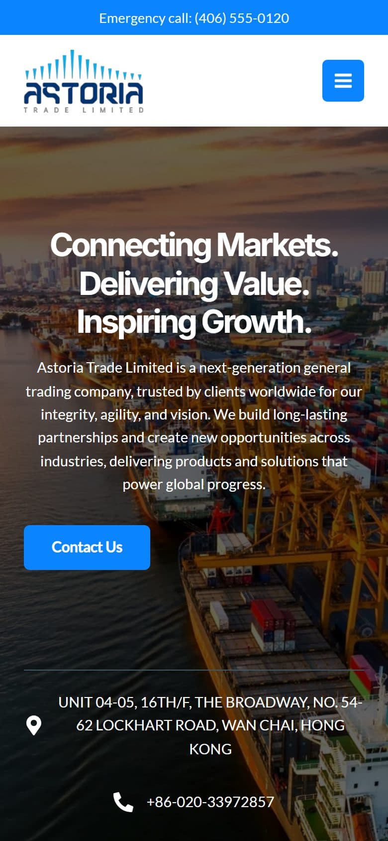 نمای موبایل سایت — سایت بین‌المللی Astoria Trade