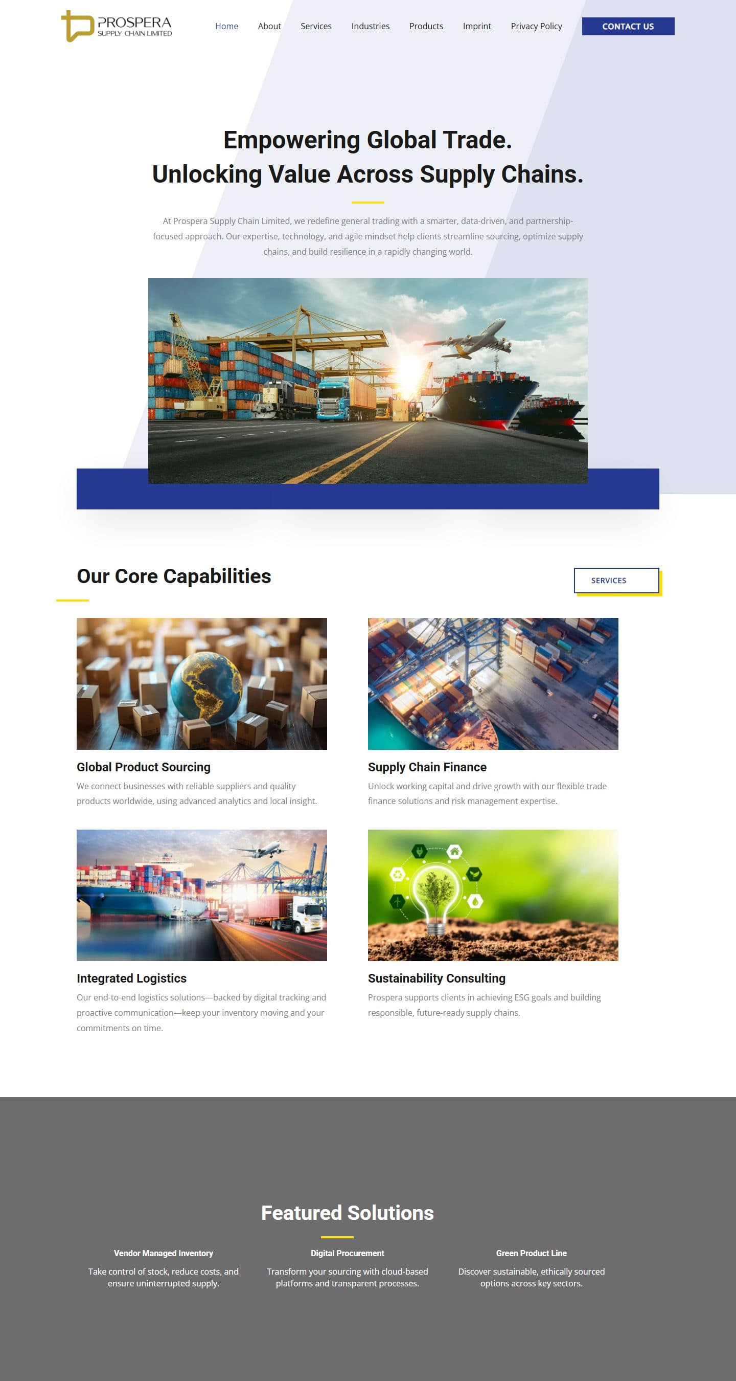 نمای کاملتر صفحه اصلی در دسکتاپ — سایت بینالمللی Prospera Supply Chain